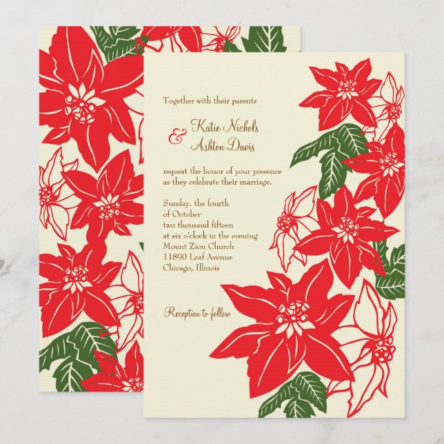 Invitación Boda de Navidades de Poinsettias Rojas y Verdes (Anverso / Reverso)