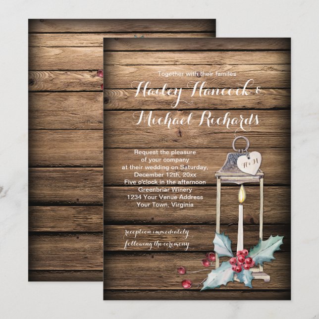 Invitación Boda de Navidades de Rustic Antique Lantern Holly (Anverso / Reverso)
