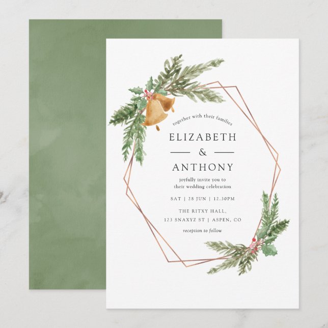 Invitación Boda de Navidades de Watercolor Geométrico Holly J (Anverso / Reverso)