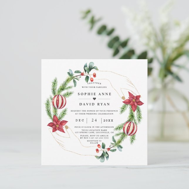 Invitación Boda de Navidades de Winter Poinsettia Pine Berry (Anverso de pie)