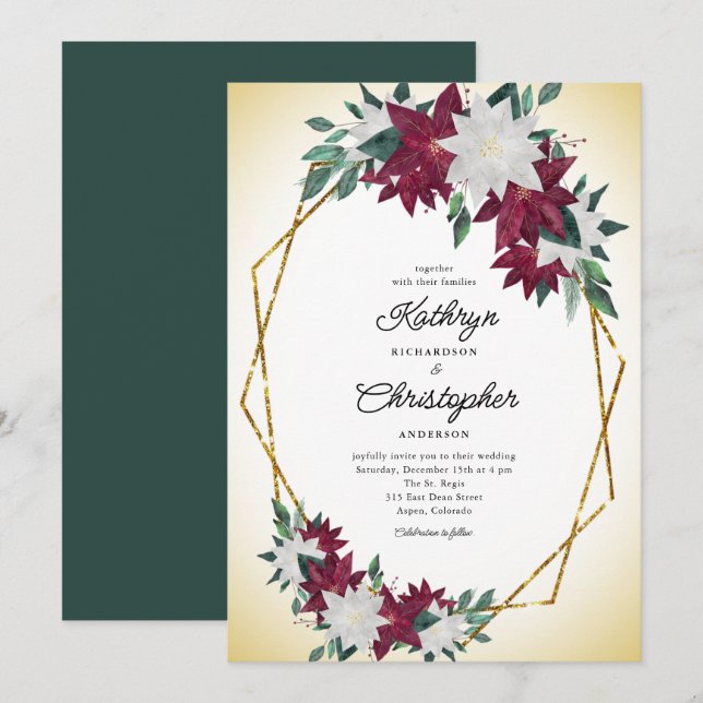 Invitación Boda de Navidades del marco dorado de la Poinsetti (Anverso / Reverso)