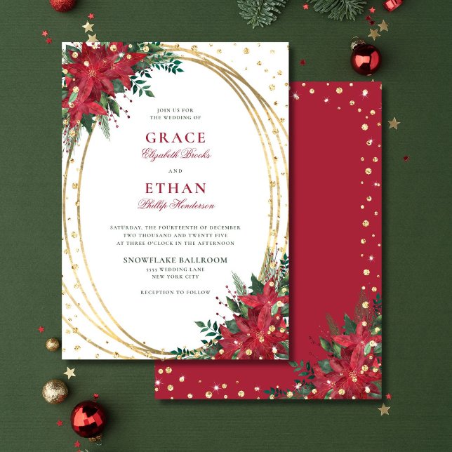 Invitación Boda de Navidades del Purpurina Red Poinsettia Gol (Subido por el creador)
