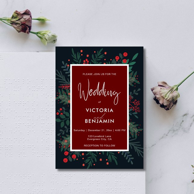 Invitación Boda de Navidades elegantes de follaje rojo y verd (Red and Green Foliage Elegant Christmas Wedding Invitation)
