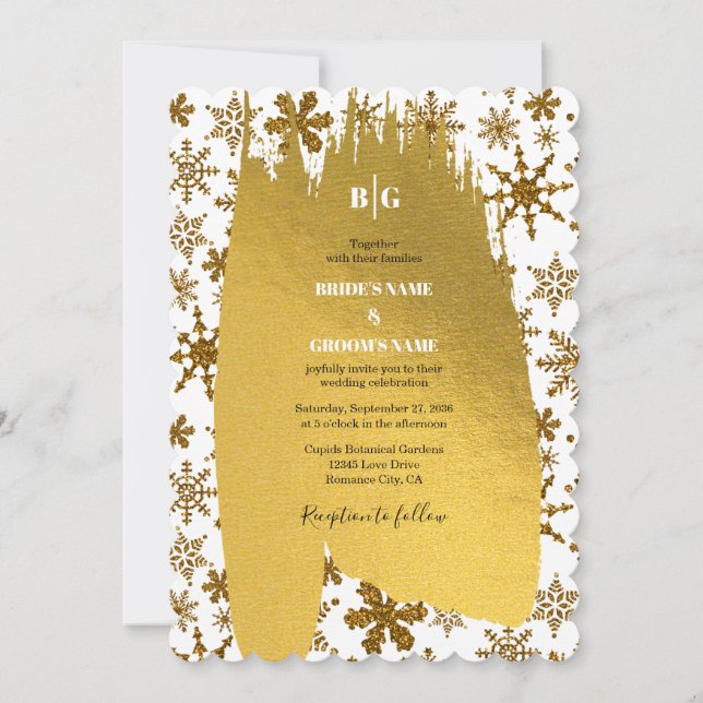 Invitación Boda de Navidades festivos Golden Snowflakes (Anverso)