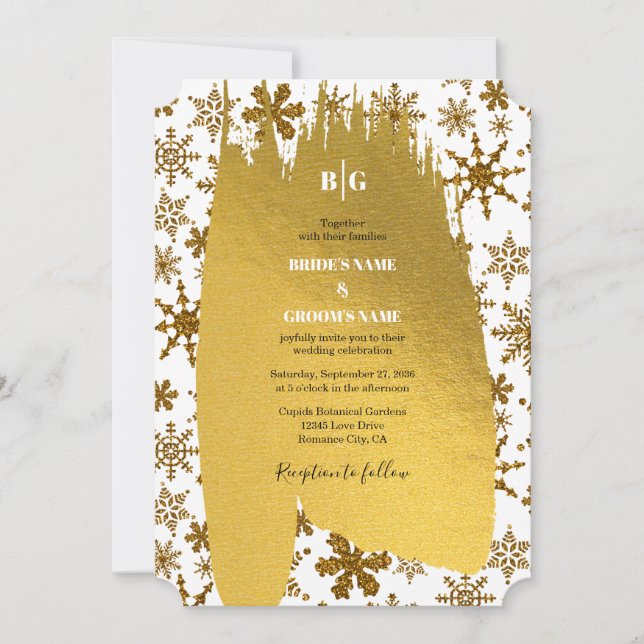Invitación Boda de Navidades festivos Golden Snowflakes (Anverso)