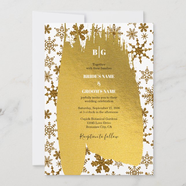 Invitación Boda de Navidades festivos Golden Snowflakes (Anverso)