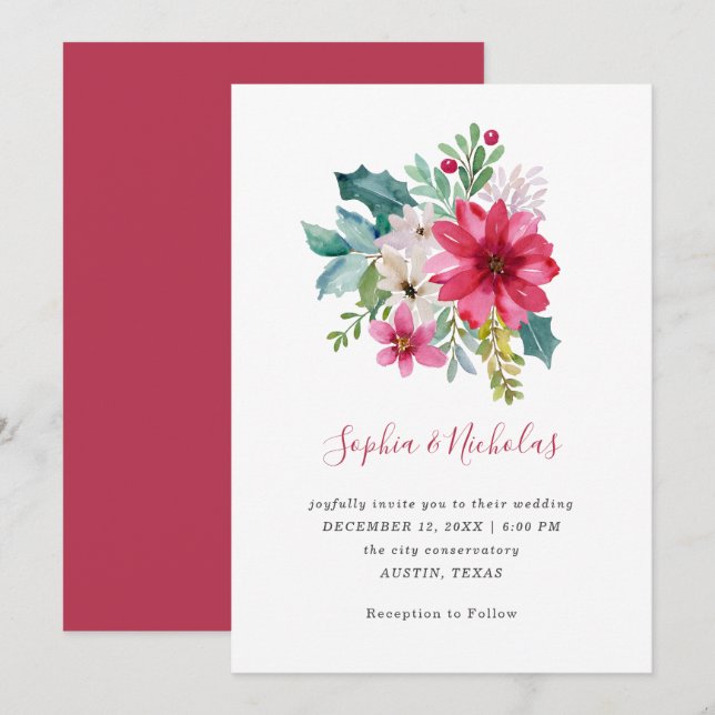 Invitación Boda de navidades | Floral y Holly Berries (Anverso / Reverso)