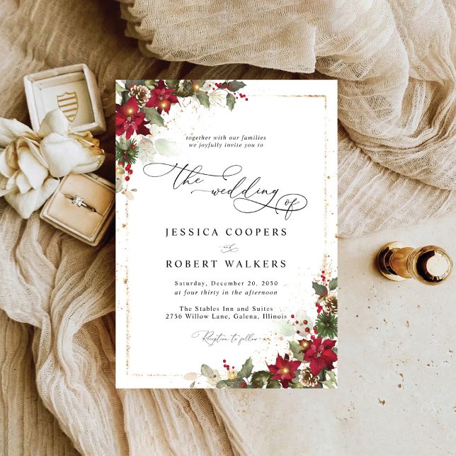 Invitación Boda de Navidades florales de Pine Poinsettia Rust (Subido por el creador)