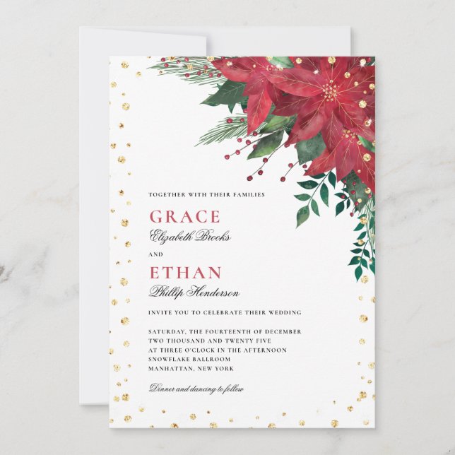Invitación Boda de Navidades florales de Poinsettia de Oro Ro (Anverso)