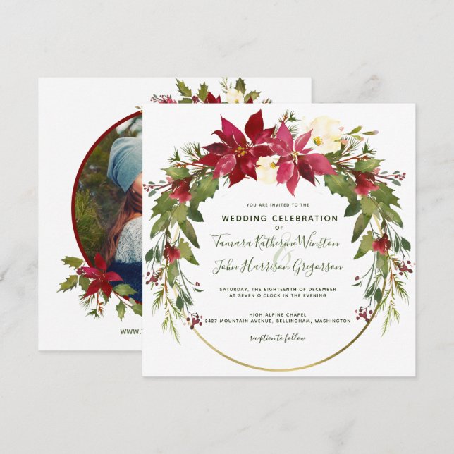 Invitación Boda de Navidades florales de Poinsettia elegante (Anverso / Reverso)