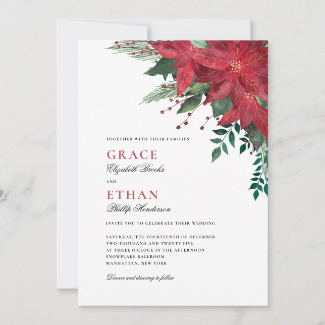 Invitación Boda de Navidades florales de Poinsettia Roja (Anverso)
