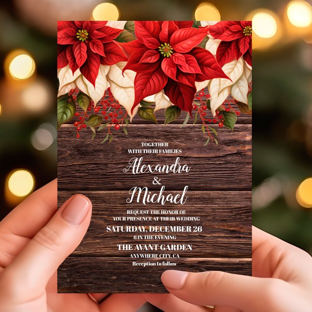 Invitación Boda de Navidades florales de Poinsettia Rustic Wo (Subido por el creador)