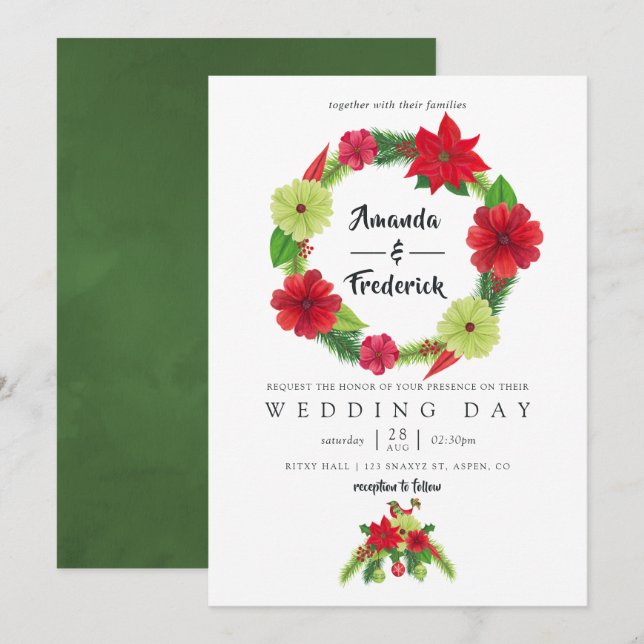 Invitación Boda de Navidades florales en acuarela de arte fol (Anverso / Reverso)