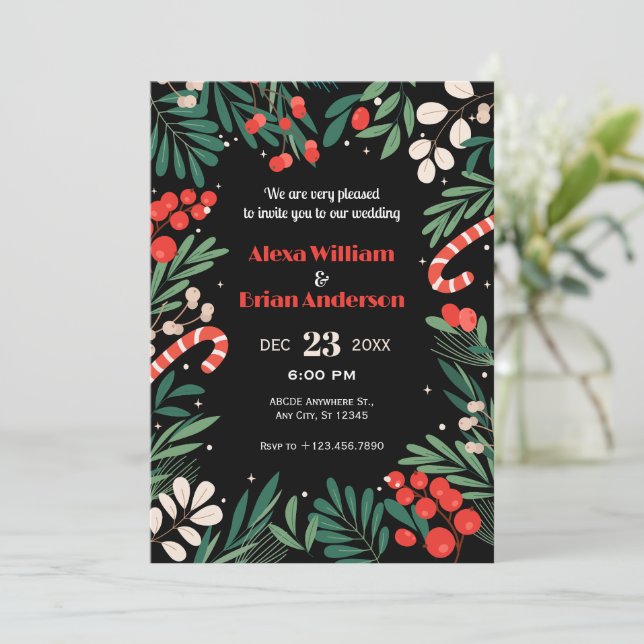 Invitación Boda de navidades florales negros (Anverso de pie)