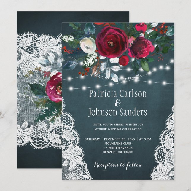 Invitación Boda de Navidades florales rústicos y elegantes de (Anverso / Reverso)