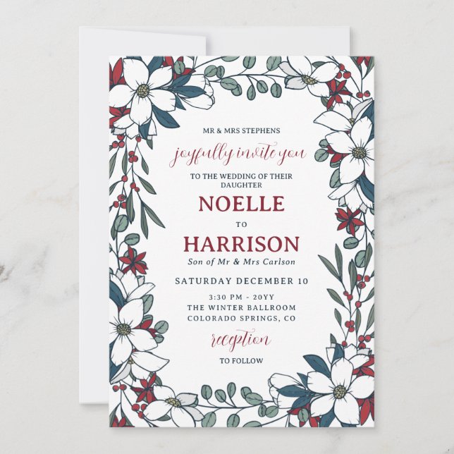Invitación Boda de Navidades formales de floral blanca bonito (Anverso)