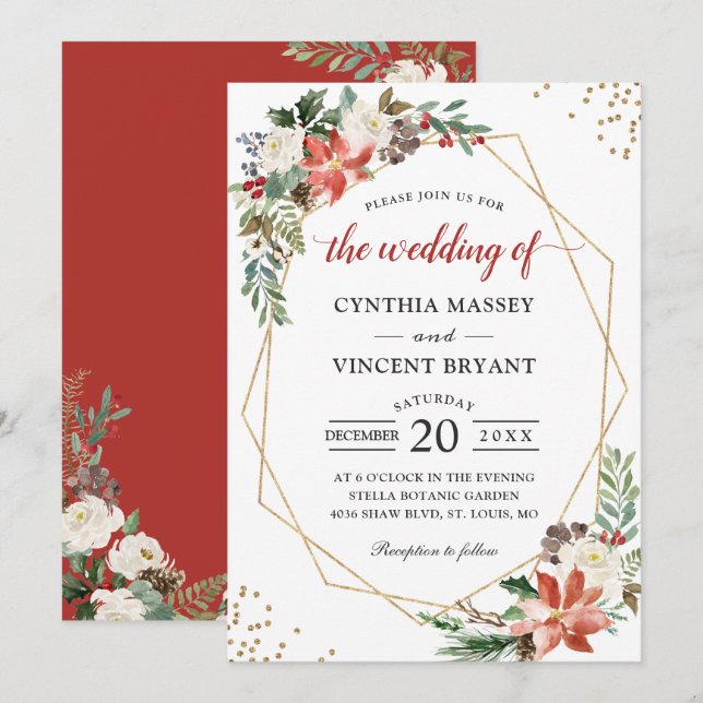 Invitación Boda de Navidades Geométricos de Poinsettia Floral (Anverso / Reverso)