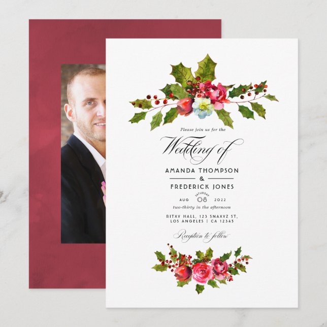 Invitación Boda de navidades Holly Photo (Anverso / Reverso)
