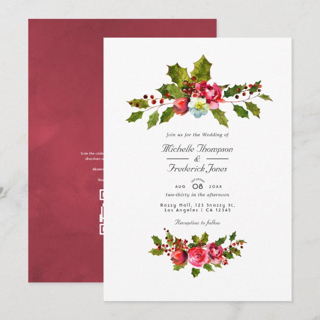 Invitación Boda de navidades Holly QR Código RSVP (Anverso / Reverso)