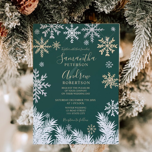 Invitación Boda de Navidades modernos de invierno con copos d (Modern snowflake pine winter Christmas wedding green Invitation)