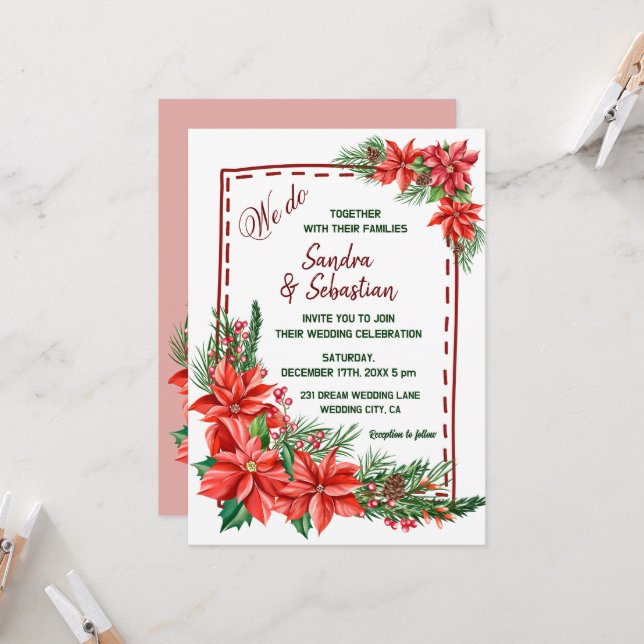 Invitación Boda de Navidades rojos florales de Poinsettia rus (Anverso/Reverso In Situ)