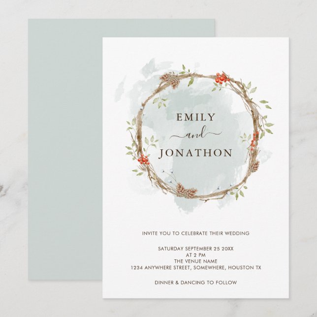 Invitación Boda de Navidades Rustic Pine Berries (Anverso / Reverso)