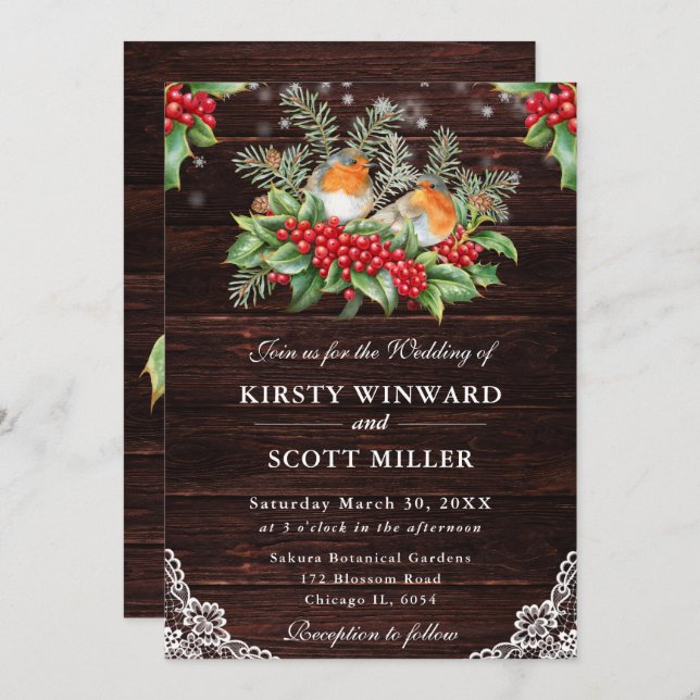 Invitación Boda de Navidades Rustic Wood Robin y Holly (Anverso / Reverso)