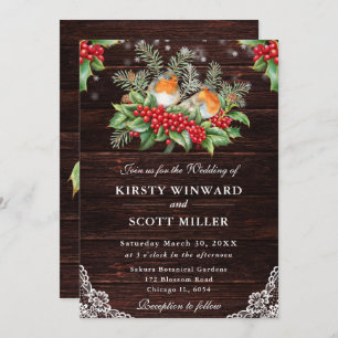 Invitación Boda de Navidades Rustic Wood Robin y Holly