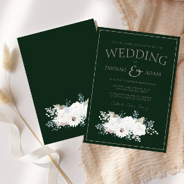 Invitación Boda de Navidades verdes y floral blanca de invier
