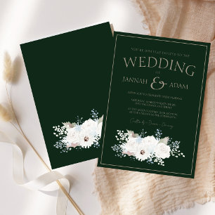 Invitación Boda de Navidades verdes y floral blanca de invier