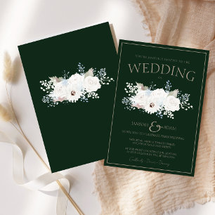 Invitación Boda de Navidades verdes y floral blanca de invier