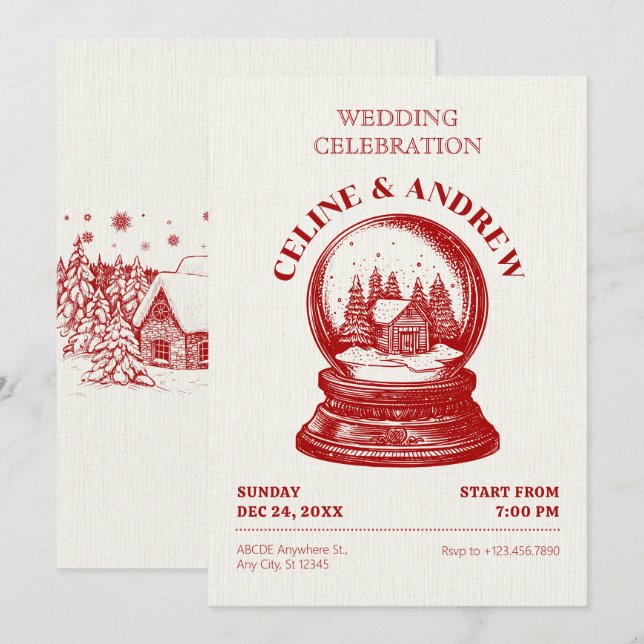 Invitación Boda de Navidades Vintage Snowglobe (Anverso / Reverso)