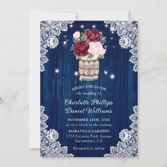 Invitación Boda de Navy Blue Burgundy Rubor Lace Mason Jar (Anverso)