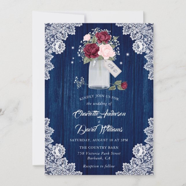 Invitación Boda de Navy Blue Burgundy Rubor Lace Mason Jar (Anverso)