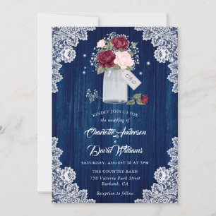 Invitación Boda de Navy Blue Burgundy Rubor Lace Mason Jar