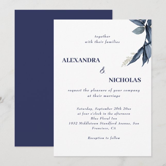 Invitación Boda de Navy Blue Modern Elegant (Anverso / Reverso)