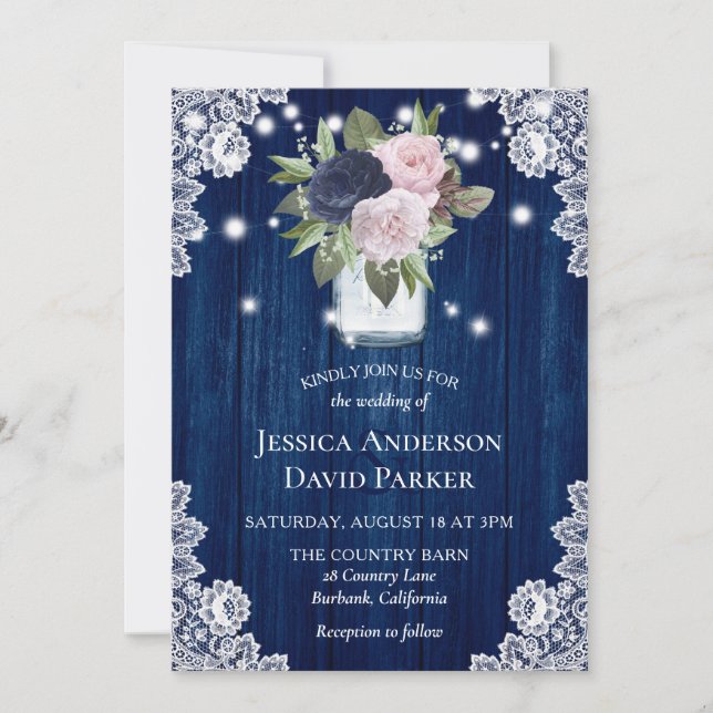 Invitación Boda de Navy Blue Rubor Pink Lace Mason (Anverso)