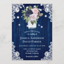 Invitación Boda de Navy Blue Rubor Pink Lace Mason