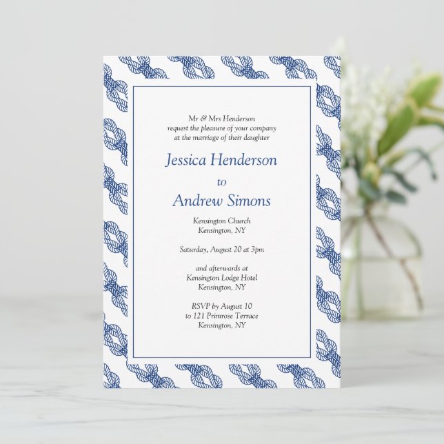 Invitación Boda de Navy Nautical Sailing Rope (Anverso de pie)