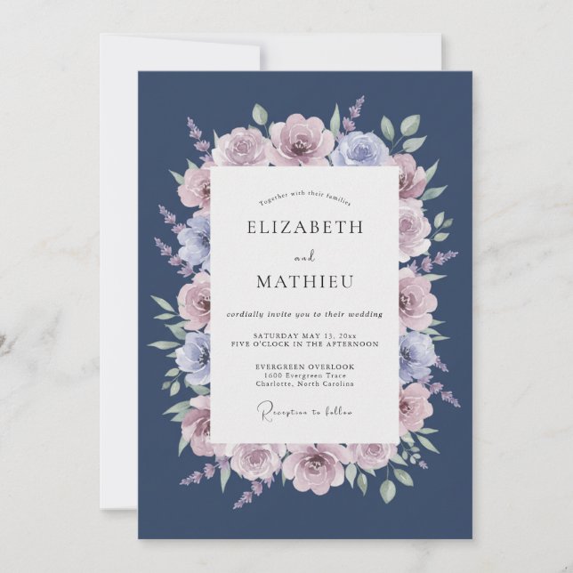 Invitación Boda de Navy Rose Blossom Flourish (Anverso)