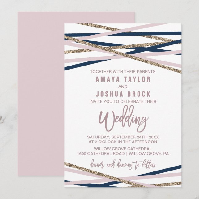 Invitación Boda de Navy Rubor y Gold Streamers (Anverso / Reverso)