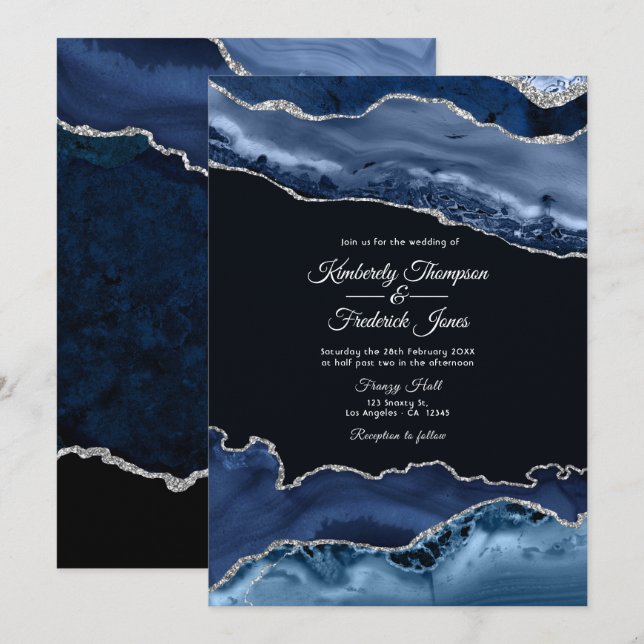 Invitación Boda de Navy y Agata Plateada (Anverso / Reverso)