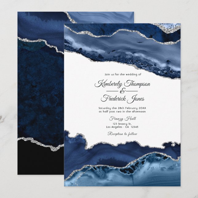 Invitación Boda de Navy y Agata Plateada (Anverso / Reverso)