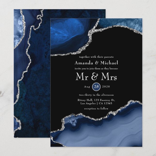 Invitación Boda de Navy y Agata Plateada (Anverso / Reverso)