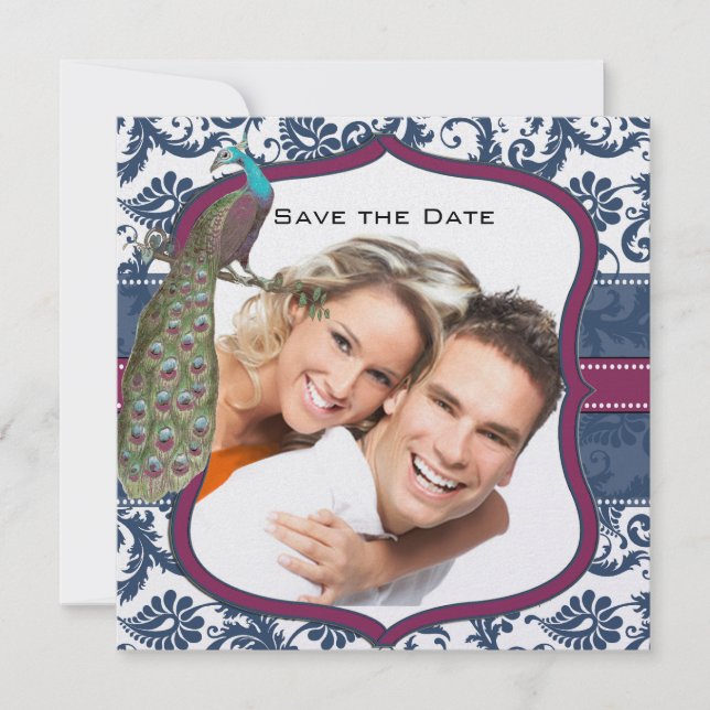 Invitación Boda de Navy y Berry Berry Elegante Damask Pavo Re (Anverso)