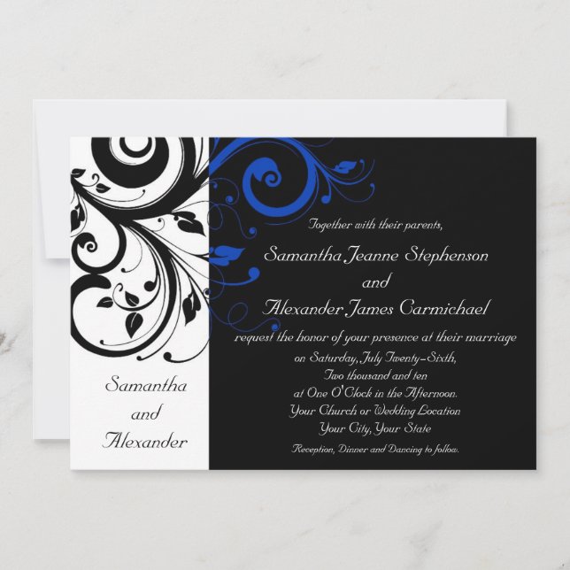 Invitación Boda de negritas negrita azul negro/blanco/cobalto (Anverso)