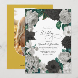 Invitación Boda de negro medianoche, gris ostra y lino suave