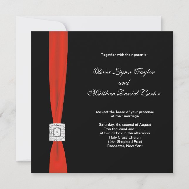 Invitación Boda de negro rojo lazo rojo negro (Anverso)