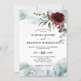 Invitación Boda de nieve de invierno con flores de Borgoña