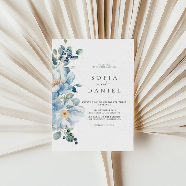 Invitación Boda de Nieve Floral de invierno azul acuarela (Subido por el creador)